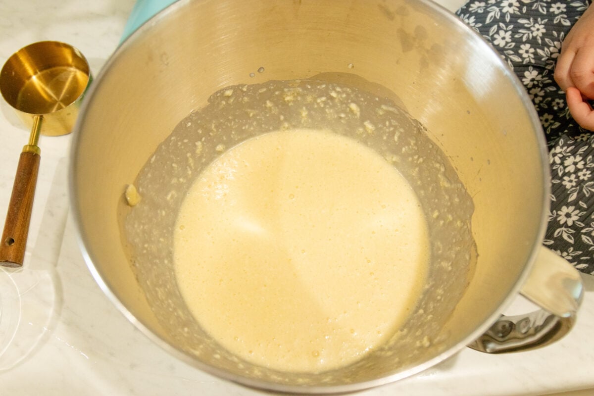 wet ingredients for the cornbread in the mixing bowl