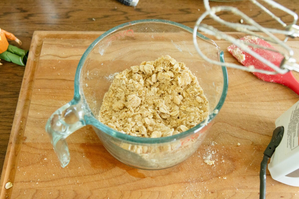 the crumble topping ingredients in a glass mixing bowl