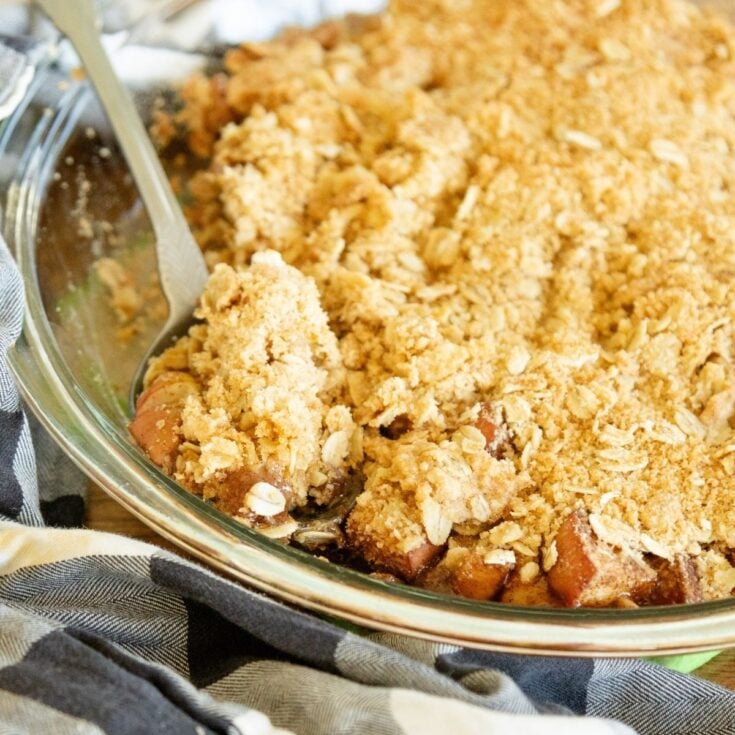 freshly baked apple crisp, with a spoon scooping some out