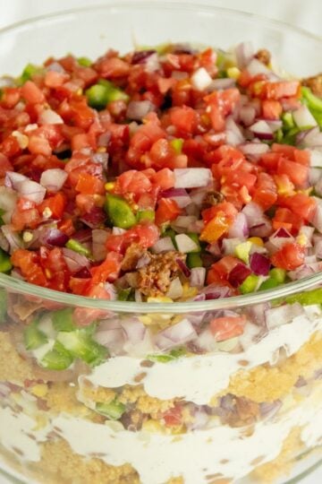 a glass bowl of cornbread salad